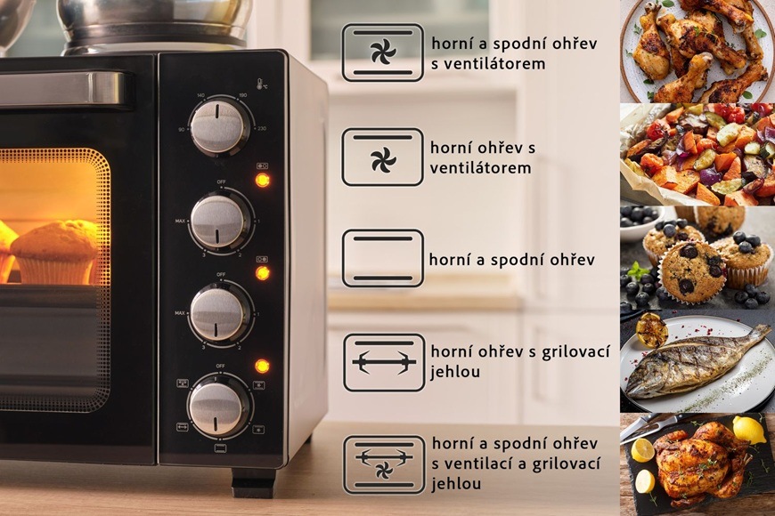 Detail mini trouby Sencor SEO 3500BK s přehledem režimů pečení včetně horkovzduchu, grilu a otočného rožně, doplněný ukázkami připravovaných pokrmů jako kuře, zelenina, muffiny a ryba.