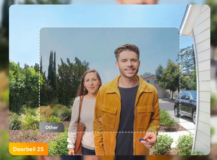 Široký záběr kamery videozvonku Imou Doorbell 2S ukazující návštěvníky u dveří