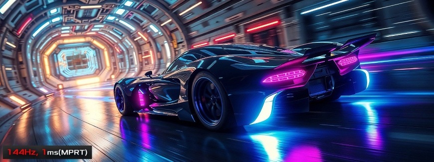 Dokonale ostré rychle jedoucí auto na monitoru ASRock Challenger s vysokou obnovovací frekvencí