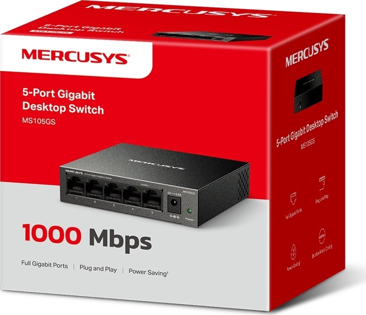 Červeno-bílá krabice switche Mercusys MS105GS s vyobrazením produktu a údaji o pěti gigabitových portech a rychlosti 1 000 Mbit/s.