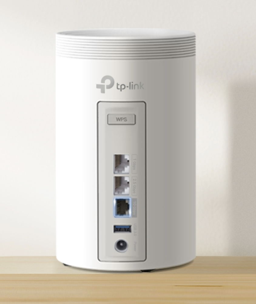 Zadní panel TP-Link Deco BE68 s ethernetovými porty, USB 3.0, WPS a napájecím konektorem