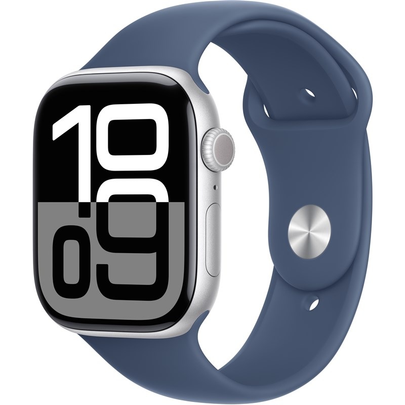 Chytré hodinky Apple Watch Series 10 GPS + Cellular 46mm pouzdro ze stříbrného hliníku - denimový sportovní řemínek - M/L