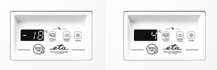 Mraznička ETA 275790000D bílá Detail na ovládací panel pultové mrazničky ETA 275790000 s digitálním displejem. Levý panel ukazuje nastavení mrazení na -18 °C, pravý panel ukazuje nastavení chlazení na 4 °C demonstrující duální funkci chlazení