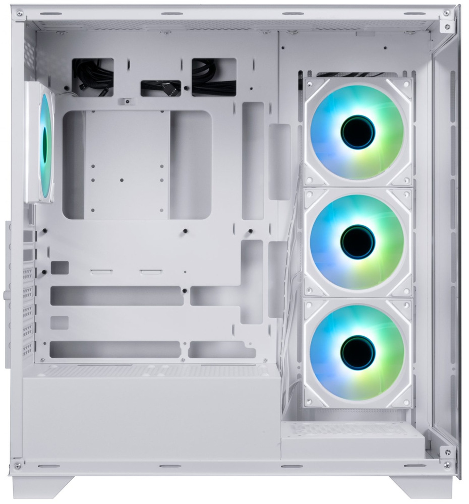 Case BitFenix CETO Premium bílá Boční pohled do skříně. Vidíme pozice pro usazení komponentů a čtyři usazené ventilátory.