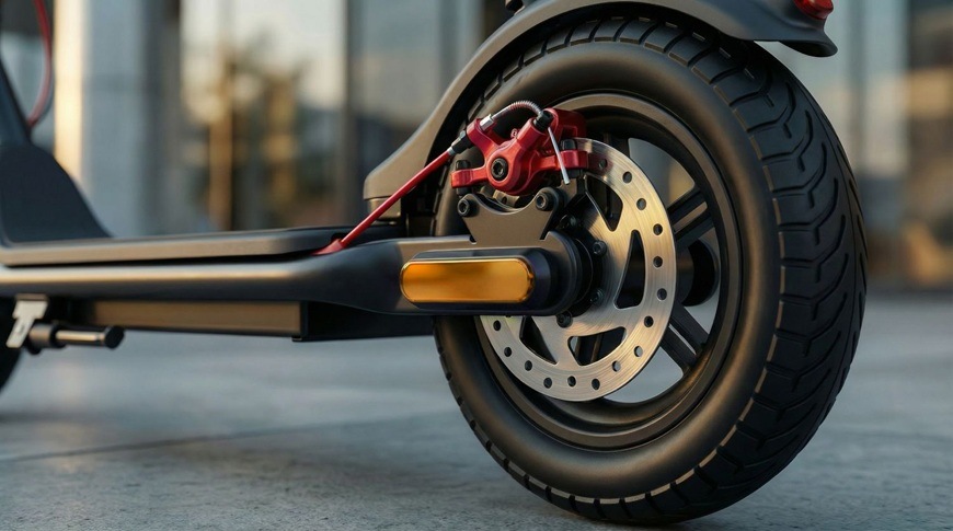 Detail zadního kola elektrické koloběžky Sencor SCOOTER S31 ukazuje kotoučovou brzdu s červeným brzdovým třmenem a robustní pneumatiku. Konstrukce kola působí pevně a připraveně na každodenní jízdu po městě.