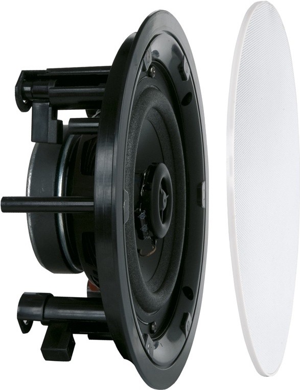 Reproduktor ArtSound FL501 (2 ks) černé/bílé Na obrázku je vestavný stropní reproduktor ArtSound FL501 z bočního úhlu. Vlevo je vidět samotné tělo reproduktoru v černém provedení, včetně kuželu, středového výškového měniče a montážních ramen pro upevnění do stropu. Vpravo vedle něj je samostatně zobrazená bílá krycí mřížka, která se po instalaci nasazuje zepředu. Fotka dobře ukazuje, jak reproduktor vypadá bez krytu i s ním jako nenápadný prvek do interiéru.