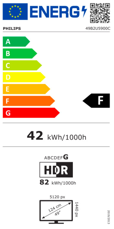 Energetický štítek monitoru Philips 49B2U5900C s třídou F a spotřebou 42 kWh za 1000 hodin