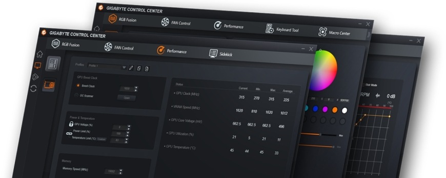 Ukázka softwaru GIGABYTE Control Center pro nastavení GPU, ventilátorů a RGB podsvícení