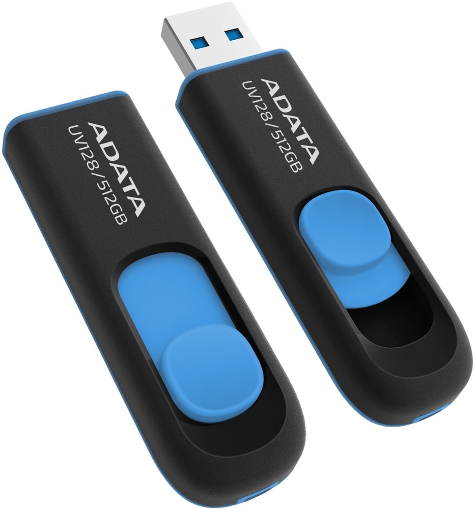 USB Flash ADATA Dash Drive UV128 512GB černý/modrý Flash disk ADATA Dash Drive UV128 s vysunutým a schovaným konektorem