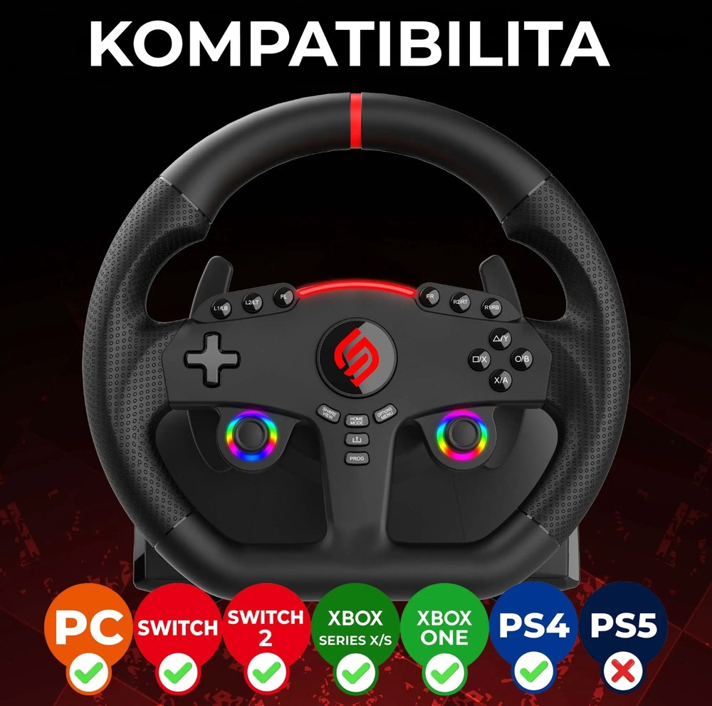 Volant SUPERDRIVE 270 GT černý Černý herní volant s barevnými tlačítky a logem uprostřed. Text společně s ikonami a zaškrtávacími políčky PC, Switch, Xbox a PS5 vyjadřuje kompatibilitu s různými herními platformami.