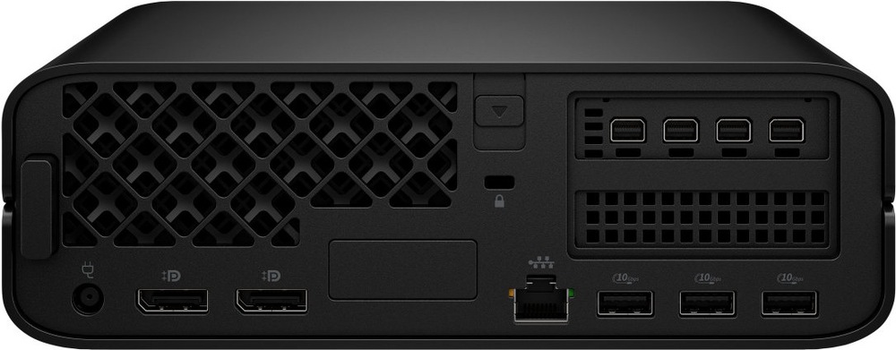 Na obrázku je zadní strana kompaktního počítače HP Z2 Mini G1i v černém provedení. Vlevo dole je napájecí konektor a vedle dva obrazové výstupy DisplayPort. Uprostřed jsou další prvky včetně síťového portu Ethernet a tří klasických USB portů. Vpravo nahoře je rozšiřující blok se čtyřmi dalšími obrazovými konektory a pod ním ventilační mřížka.