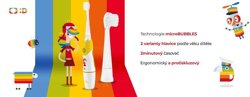 Zubní kartáček ETA Sonetic TV Déčko 0710 90050 žlutý Žlutý dětský kartáček ETA Sonetic TV Déčko, zobrazený spolu s náhradní hlavicí a veselými animovanými postavičkami v duhových barvách. Na pravé straně jsou vypsány výhody produktu: technologie microBUBBLES, dvě varianty hlavic podle věku dítěte, dvouminutový časovač a ergonomický protiskluzový design.“