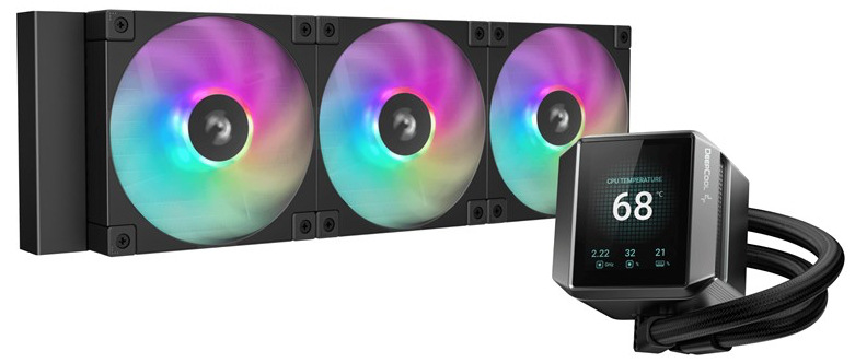 Vodní chladič DeepCool MYSTIQUE 360 ARGB černý Snímek kompletní sestavy v akci. Sítích ARGB ventilátory, displej na pumpě. Jsou vidět i hadice.