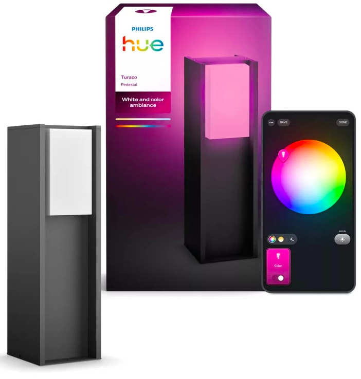 Venkovní svítidlo Philips Turaco Hue pedestal 1xA60 WCA hliník/antracitové Svítidlo Philips Turaco Hue vedle balení a telefonu s výběrem barvy světla
