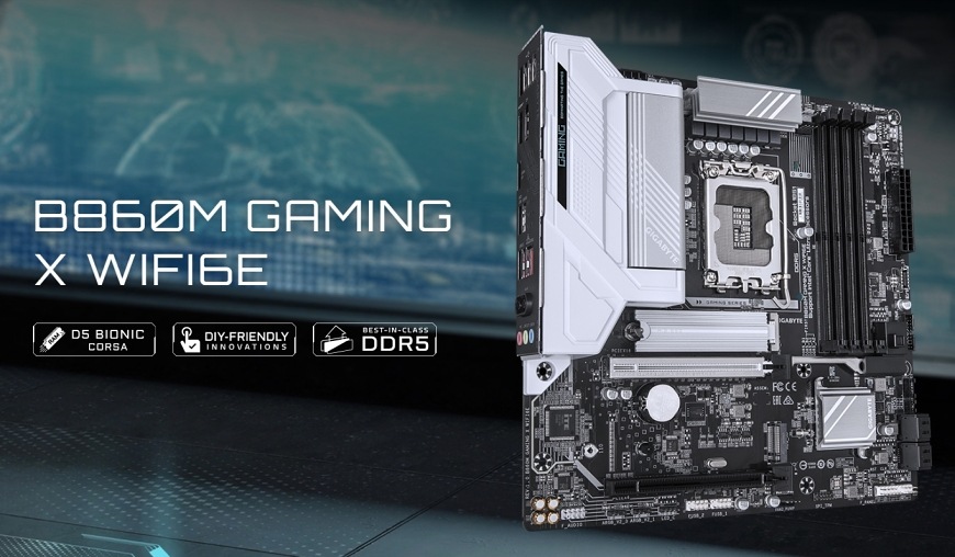 Základní deska GIGABYTE B860M GAMING X WIFI6E Produktový vizuál základní desky Gigabyte B860M GAMING X WIFI6E s důrazem na herní design