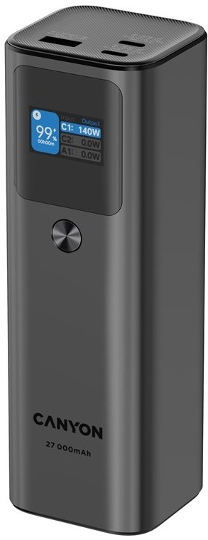 Powerbanka Canyon PB-2010, 27000mAh, 2x USB-C, 140W PD3.1, 1x USB-A QC 3.0, display černá