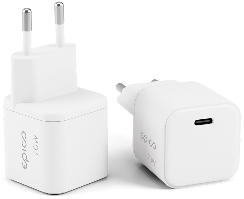 Nabíječka do sítě Epico UltraBoost Micro AVS GaN 70W bílý Napájecí adaptér Epico UltraBoost Micro AVS GaN 70 W zobrazený z více úhlů s USB-C portem