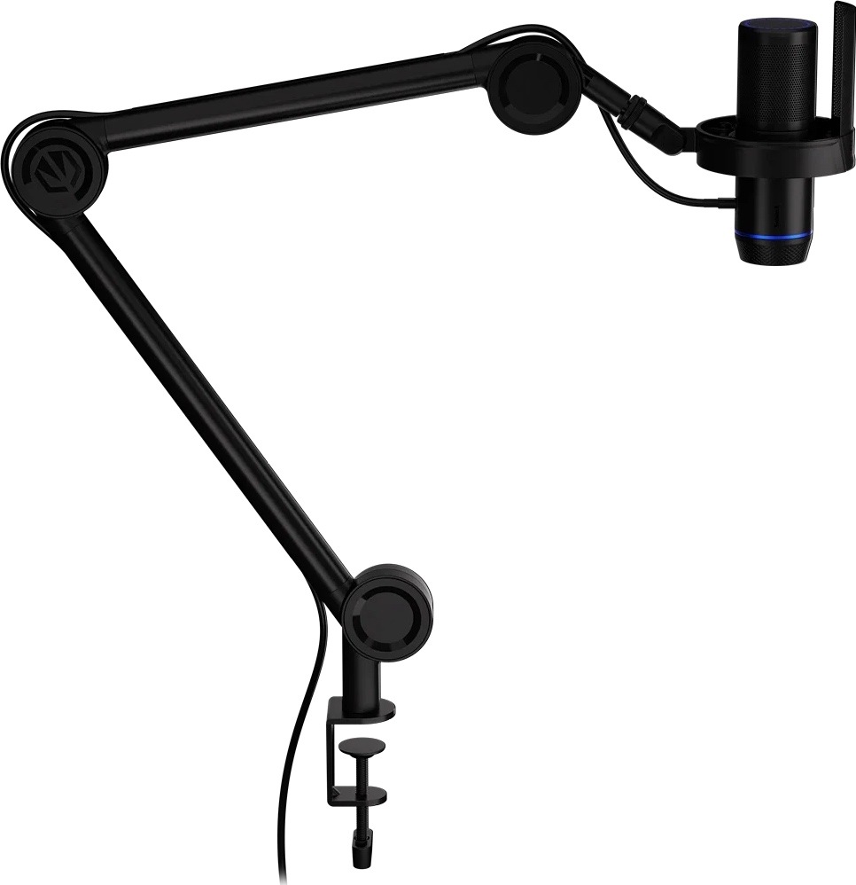 Mikrofon ENDORFY Solum 2 Boom Arm černý Boční pohled na černý mikrofon ENDORFY Solum 2 s pop filtrem a modrou LED na plně rozloženém stolním rameni s C-svorkou.