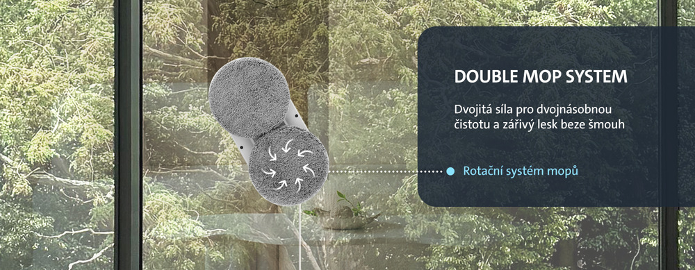Detail robotického čističe ETA Finestro Smart přisátého na okně. Infografika s šipkami znázorňuje rotační systém dvou mopů (Double mop system) pro dvojnásobnou čistotu a zářivý lesk beze šmouh.
