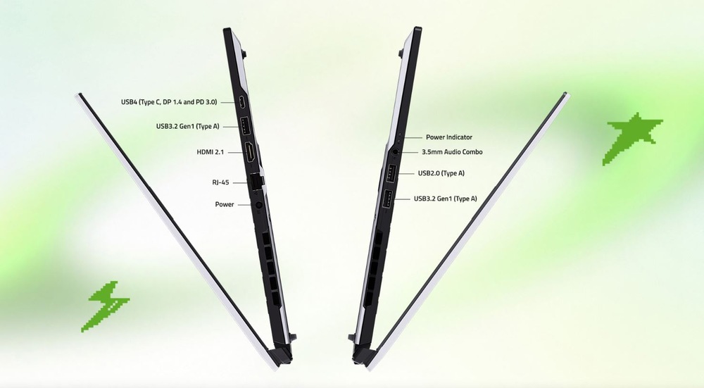 Notebook GIGABYTE AERO X16 1WH93CZC64AH černý/šedý Dva notebooky zobrazené z profilu, otevřené v širokém úhlu, na zeleném pozadí s přechodem. Levý notebook má označené porty: USB4, USB 3.2, HDMI 2.1, RJ-45 a napájení. Pravý notebook má indikátor napájení, kombinovaný audio konektor, USB 2.0 a USB 3.2. Na obou stranách jsou viditelné zelené ikony blesku.