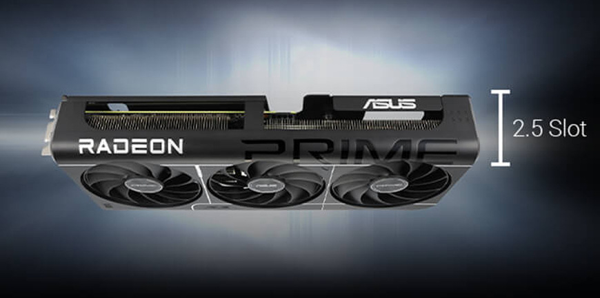 Boční pohled na Asus Prime RX 9060 XT s tenkým 2,5slotovým designem pro flexibilní sestavy