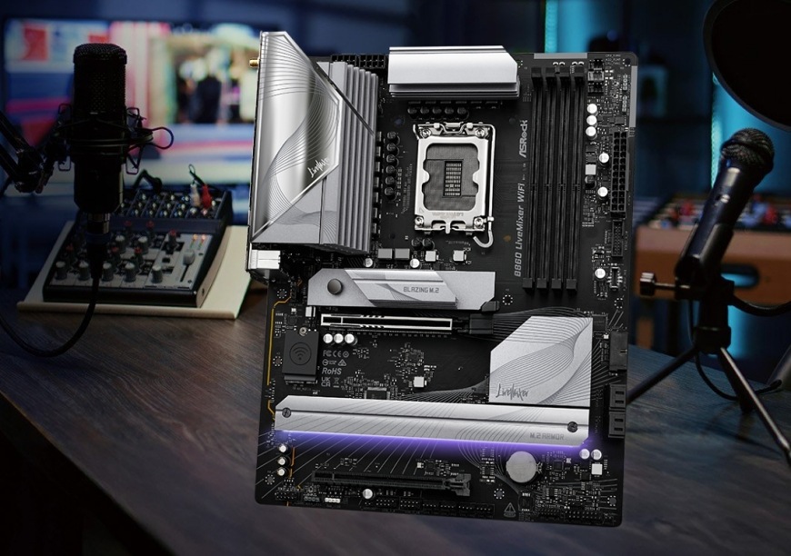 Základní deska ASRock B860 LiveMixer WiFi prezentovaná ve studiu pro tvůrce obsahu, zdůrazňující její profesionální funkce