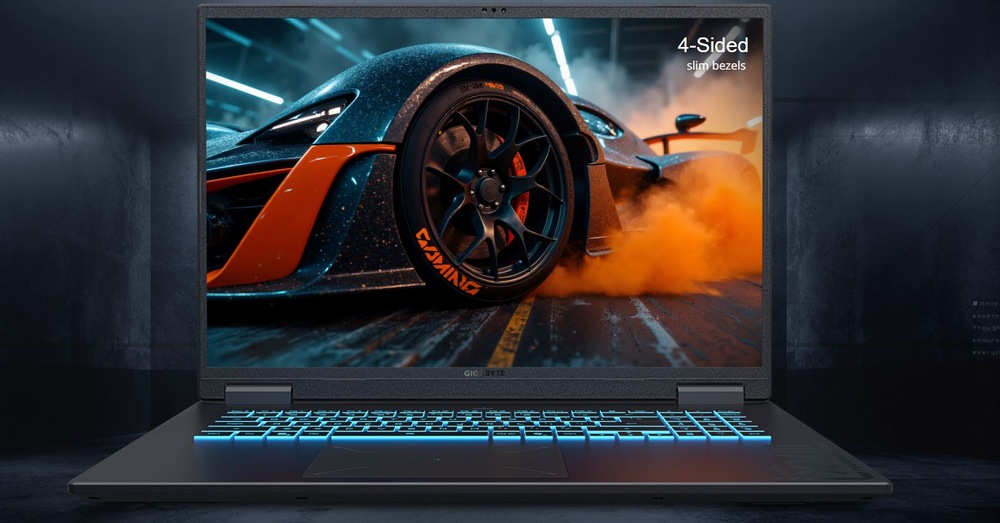 Notebook GIGABYTE GAMING A18 3VHK3CZC94SH černý Elegantní notebook s modře podsvícenými klávesami zobrazuje živý obraz pneumatiky sportovního vozu v pohybu, z níž stoupá oranžový kouř, a zdůrazňuje tenké rámečky obrazovky.