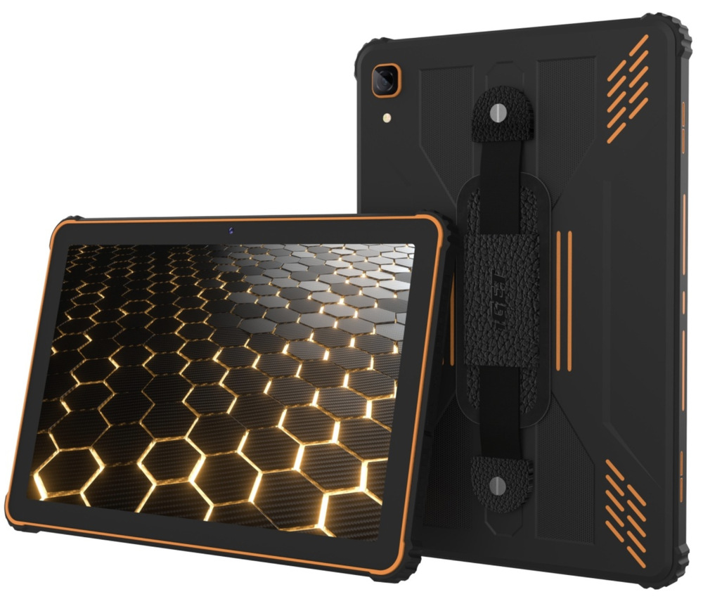 Dotykový tablet iGET Smart RT2 6 GB / 128 GB černý/oranžový Tablet iGET Smart RT2 z přední a zadní strany s integrovaným poutkem na ruku