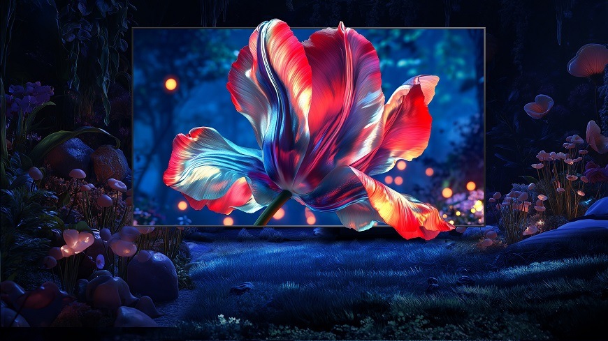Televize Hisense 50E7PRO s technologií Quantum Dot Colour zobrazuje detailní květ v zářivých odstínech červené, modré a fialové, který ukazuje široký barevný rozsah a realistické podání barev.