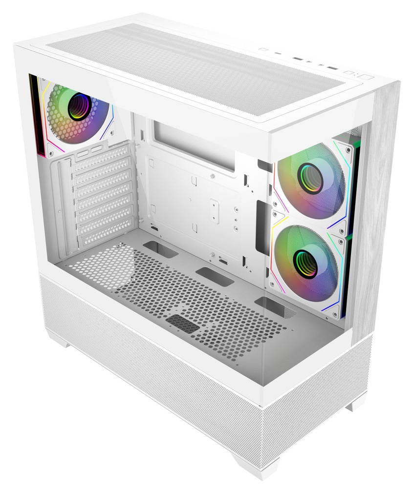 Case Cooler Master Elite 690 Wood bílá Boční pohled do bílé počítačové skříně - Case Cooler Master Elite 690 Wood – s běžícími ventilátory ARGB