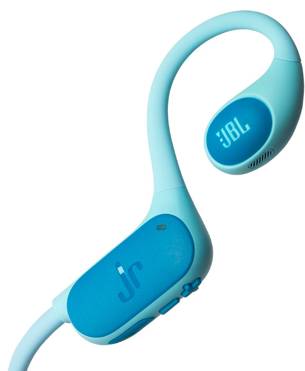 Sluchátka JBL Junior FREE modrá/zelená Detail ovládacích tlačítek a mikrofonu u sluchátek JBL Junior FREE pro snadné použití