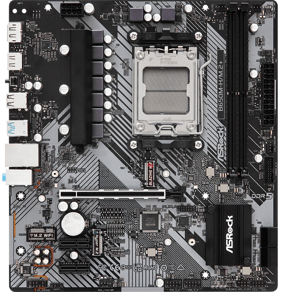 Nahoře je patice AMD AM5 pro procesor, vedle ní dva dlouhé sloty DDR5. Dole je jeden dlouhý PCIe x16 pro grafiku a dva krátké PCIe x1. Uprostřed jsou dvě pozice M.2 pro SSD, na boku čtyři SATA konektory. Na okrajích jsou napájecí konektory, konektory pro ventilátory a blok zadních portů (USB, LAN, HDMI/DP).