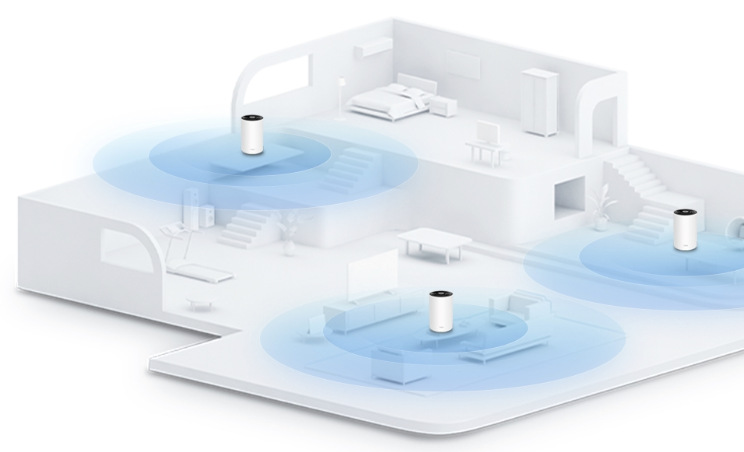 Tři jednotky Deco PX10 rozmístěné v domě pro rozšíření Wi-Fi do více místností