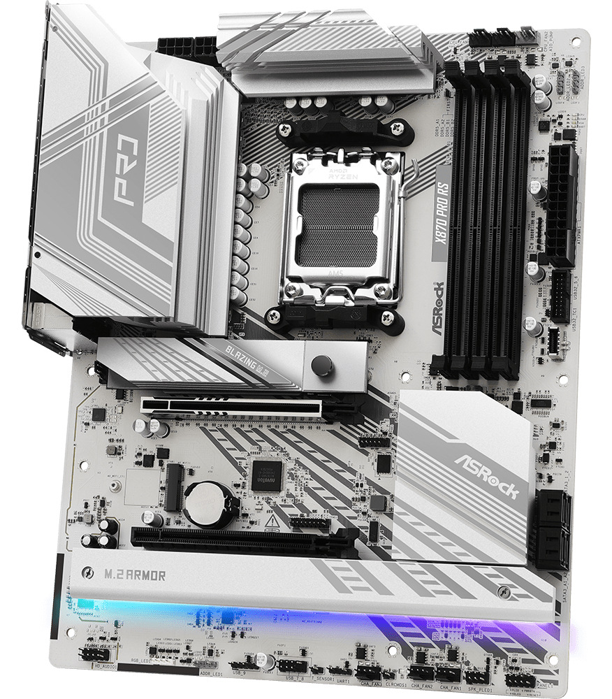 Základní deska ASRock X870 PRO RS Základní deska ASRock X870 PRO RS v bílém provedení s paticí AM5 a masivními chladiči