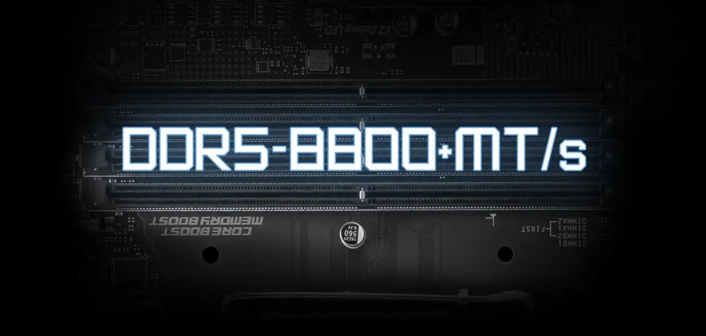 Obrázek ukazuje základní desku počítače s osvětleným štítkem DDR5-8800+ MT/s na slotu RAM, který označuje vysokorychlostní paměťovou kapacitu.