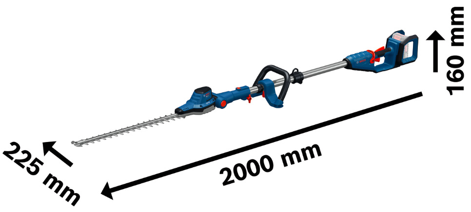 Nůžky na živý plot Bosch Professional GHE 18V-50FP (bez baterie) Rozměry teleskopických nůžek Bosch Professional GHE 18V-50FP s délkou 2000 mm
