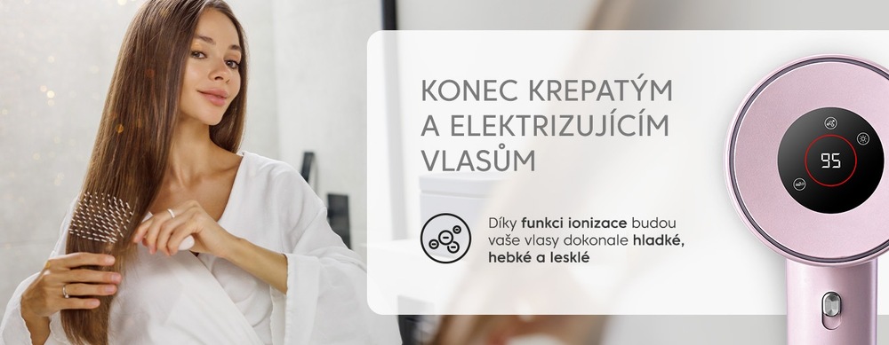 Fén ETA Fenité Pastels 8319 90000 růžový Banner na fén ETA Fenité se zaměřením na ionizaci. Text: ‚Konec krepatým a elektrizujícím vlasům‘. Díky ionizaci jsou vlasy hladké a hebké. Vlevo žena češící si lesklé vlasy, vpravo detailní pohled na pastelově růžový fén s LED ukazatelem teploty 95 °C