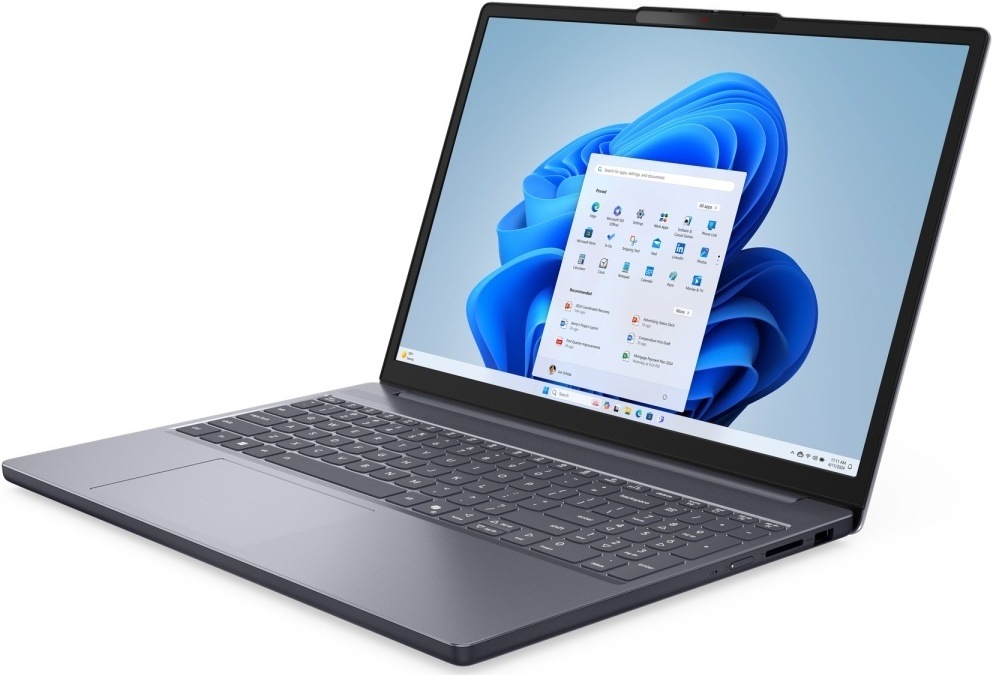 Notebook Lenovo IdeaPad Slim 3 15ARP10 šedý Pohled na levou stranu notebooku Lenovo IdeaPad Slim 3 vybaveného webkamerou