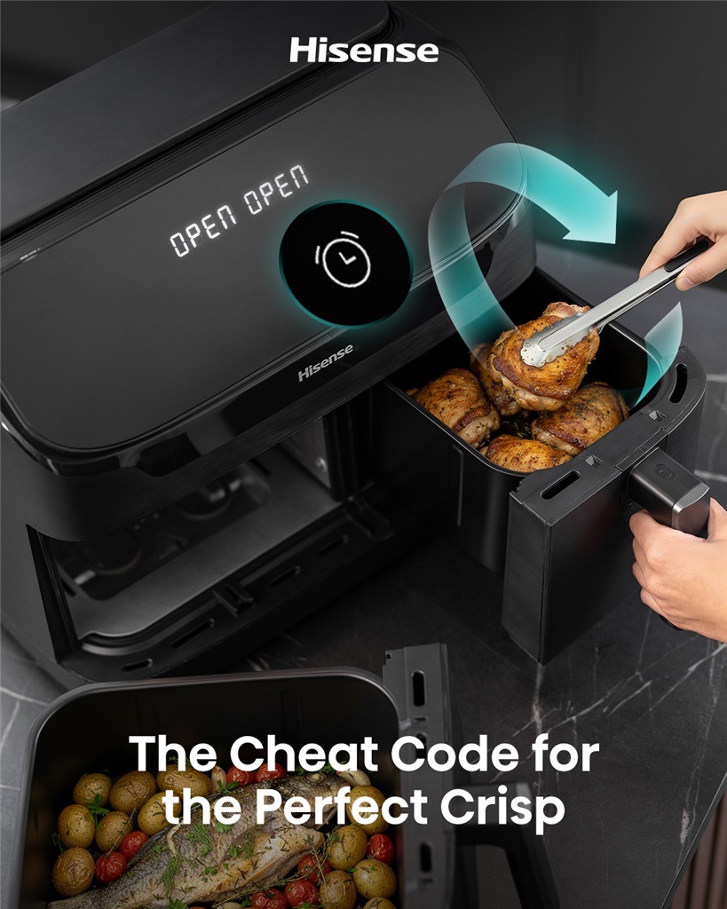 Fritéza horkovzdušná Hisense HAF2700DHA DUAL HEATER černá Horkovzdušná fritéza Hisense HAF2700DHA s jídlem uvnitř