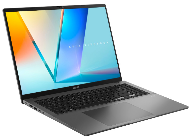 Notebook Asus Vivobook S16 šedý ASUS Vivobook S16 z levého úhlu s klávesnicí, touchpadem a 16″ displejem