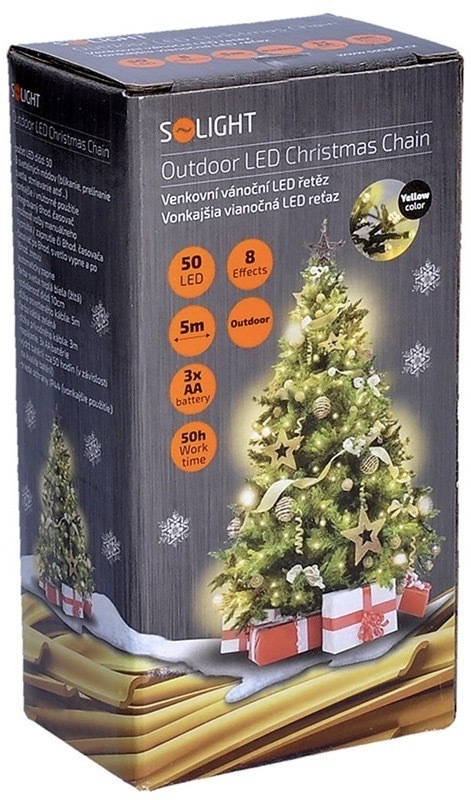 Vánoční osvětlení Solight řetěz, 50LED, 5+3 m, 8 funkcí, IP44. 3x AA, teplá bílá