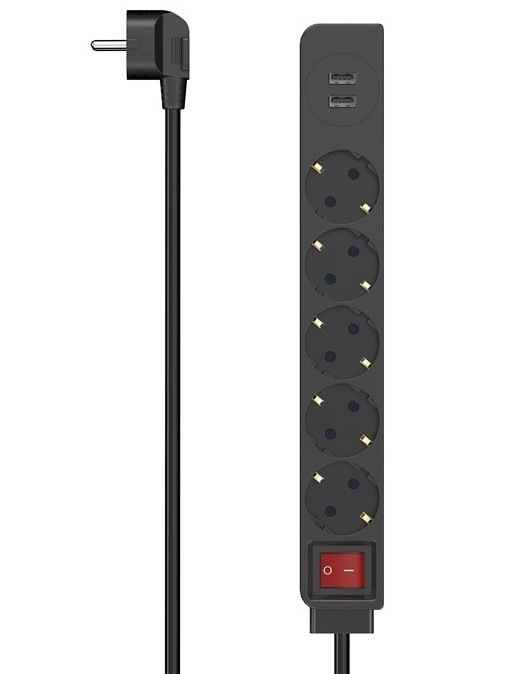 Kabel prodlužovací Hama 5x zásuvka schuko, 2x USB-A, vypínač, 1,4 m černý