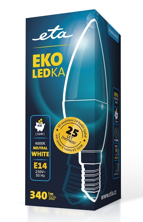 Žárovka LED ETA EKO LEDka svíčka 4W, E14, neutrální bílá žárovka ETAC37W7NW01, LED technologie, úspora