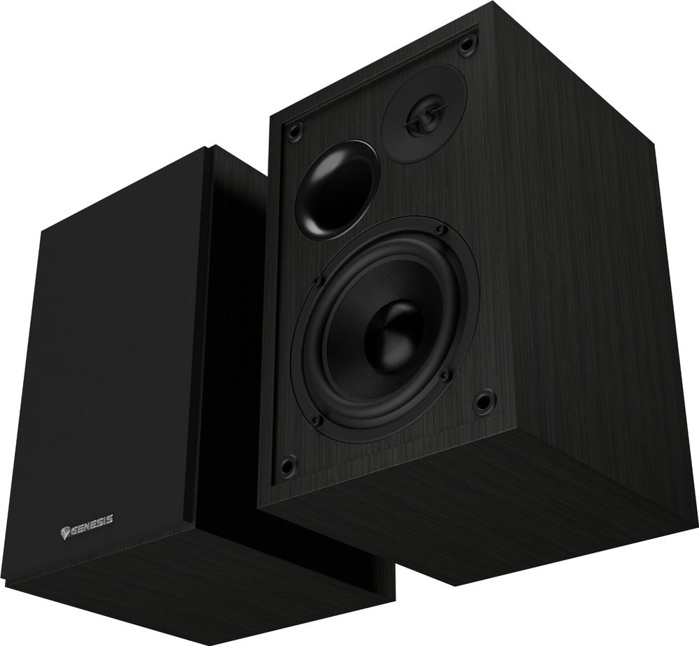 Reproduktory Genesis Arsen 302BT, 20 W černé Dva černé reproduktory Genesis při pohledu šikmo zespodu. Levý zakrývá přední mřížka, zatímco u pravého jsou odkryté basový a výškový reproduktor i otvor bassreflexu.
