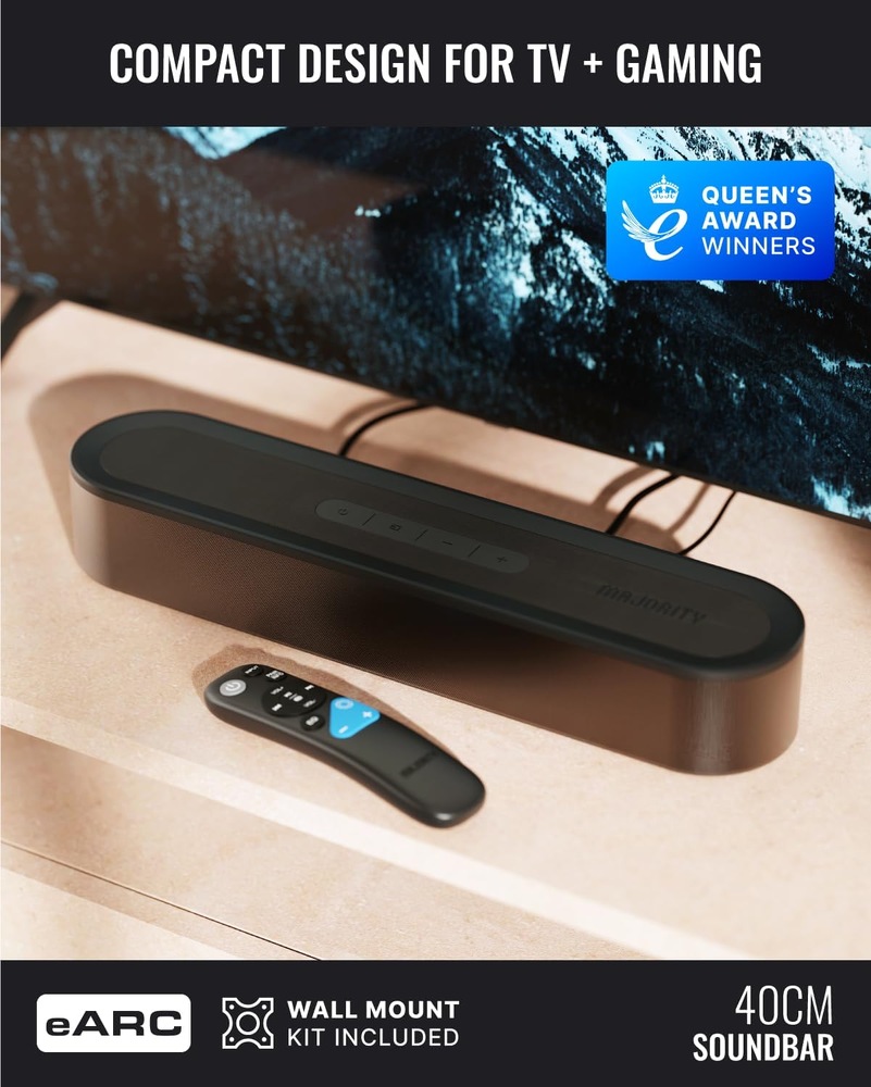 Soundbar Majority Bowfell Axis 2.1 černý Kompaktní soundbar Majority Bowfell Axis 2.1 umístěný pod televizorem s dálkovým ovladačem