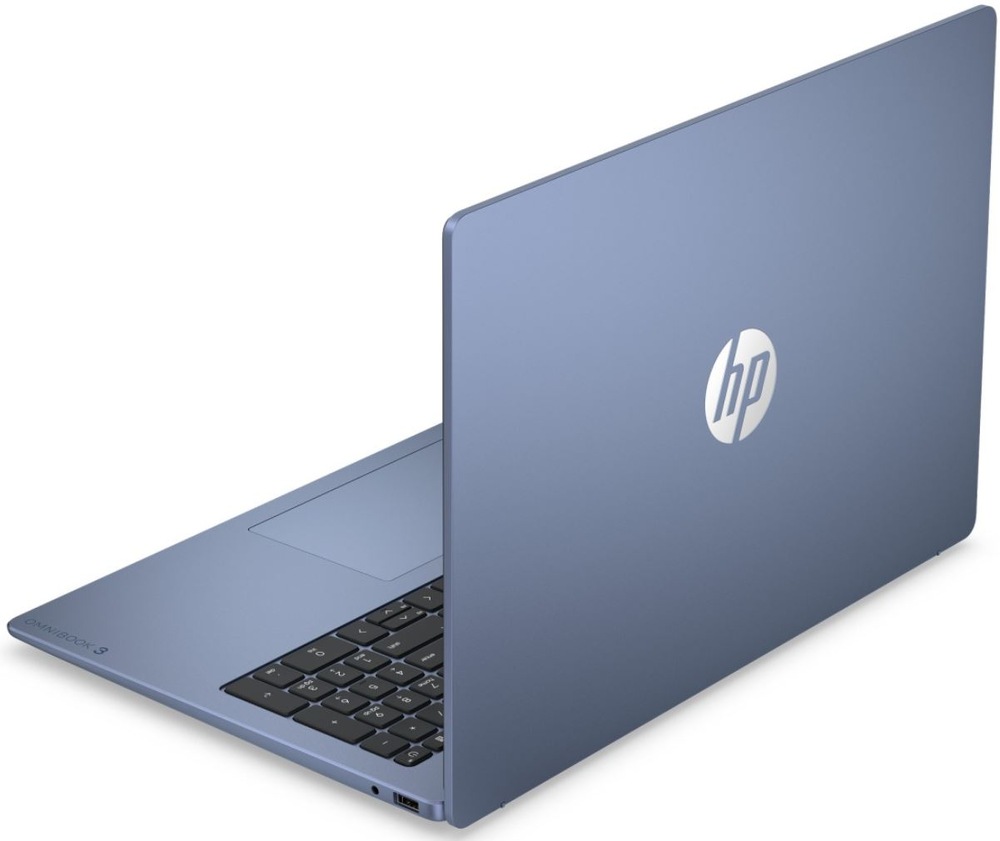 Notebook HP OmniBook 3 16-bu0013ncx + Game Pass předplatné na 2 měsíce modrý Zadní pohled na notebook HP OmniBook 3 s logem HP na víku