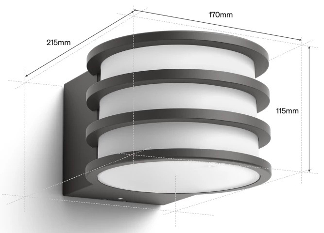 Venkovní svítidlo Philips Lucca Hue wall lantern A60 WCA tmavě šedé Rozměry svítidla Philips Lucca Hue 115 × 170 × 215 mm pro nástěnnou montáž