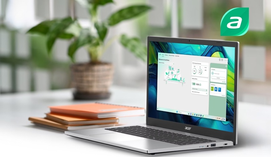 Pracovní stůl s notebookem Aspire Go 15 se zapnutou funkcí AcerSense