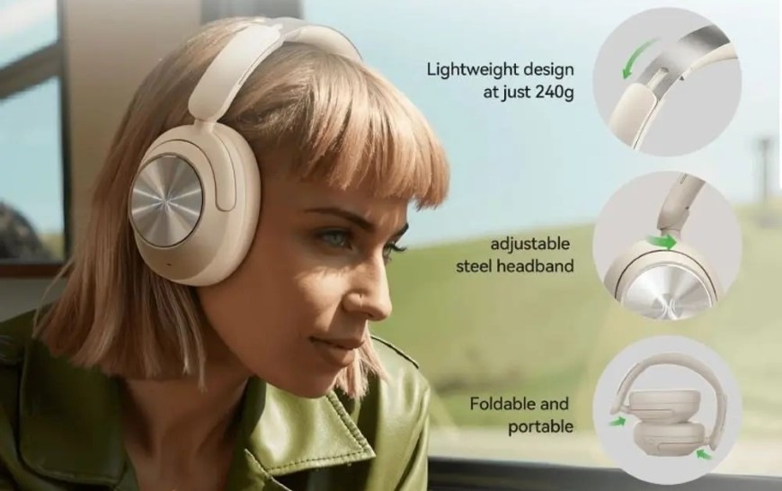 Cestující žena s nasazenými sluchátky OneOdio Focus A6, detail skládací konstrukce a nastavitelného hlavového mostu