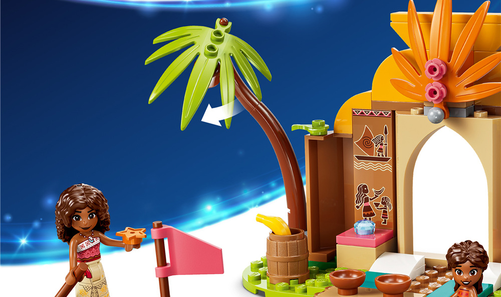 Stavebnice LEGO® │ Disney 43282 Vesnický dům a loďka Postele, jídlo, buben, ryba i další doplňky přinášejí dětem spoustu inspirace pro nové příběhy z tropického ostrova.